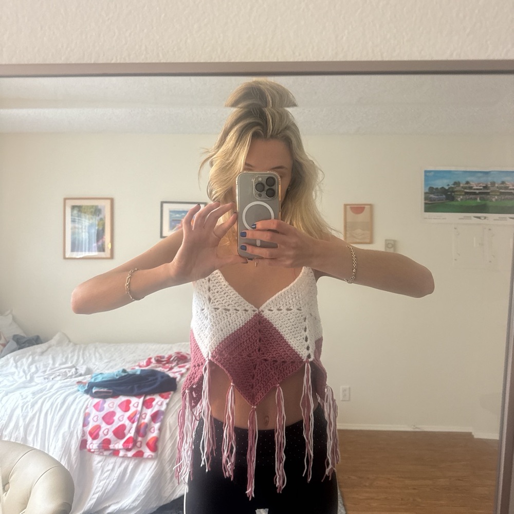 Handmade White and Dusty Rose Crochet Fringe Crop Top